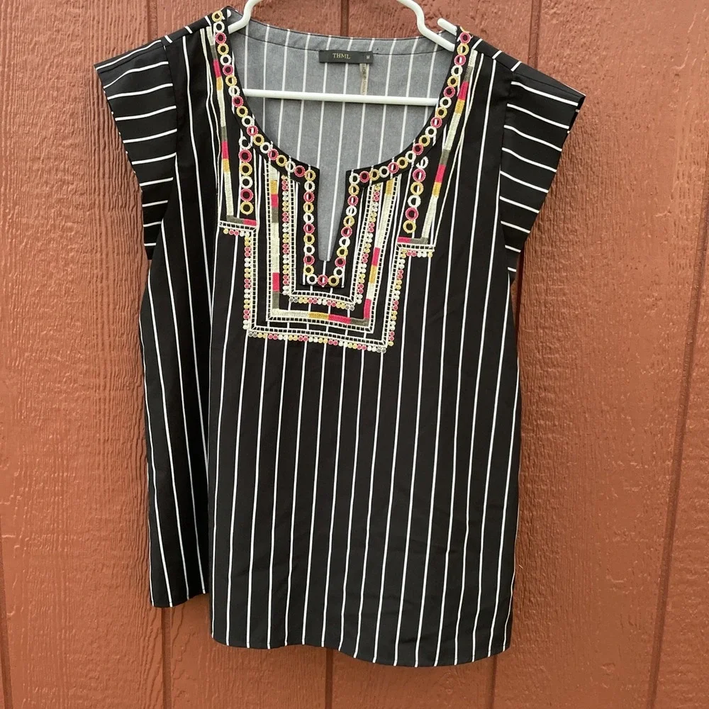 THML top Medium Black White Striped With Green Tan Pink And Yellow Embroidery - Picture 2 of 16